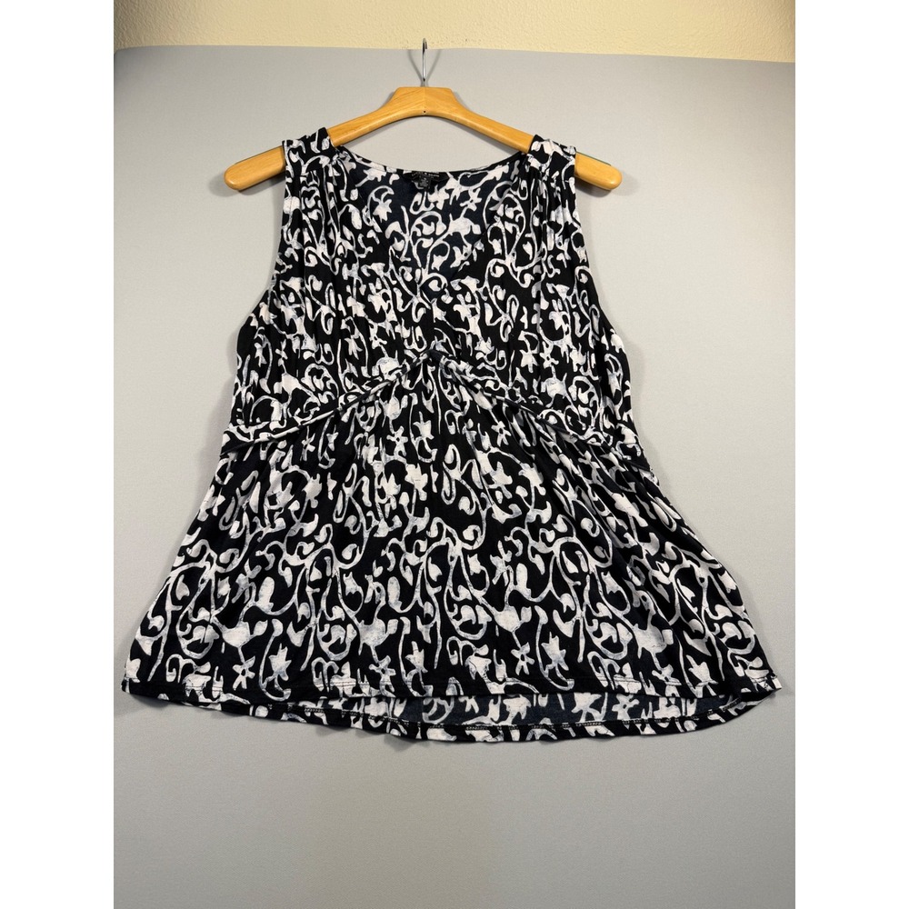 Lucky Brand Black White Scroll Print Sleeveless Babydoll Tank Top V-Neck Medium